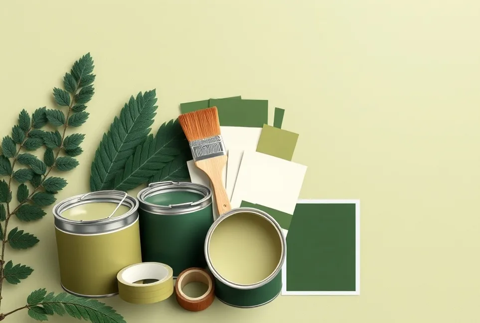 Pots de peinture, nuancier, brosses et rouleaux disposés à plat