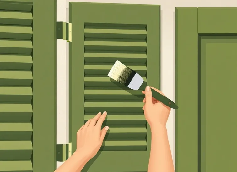 Mise en peinture au pinceau de volets et d'encadrements en bois