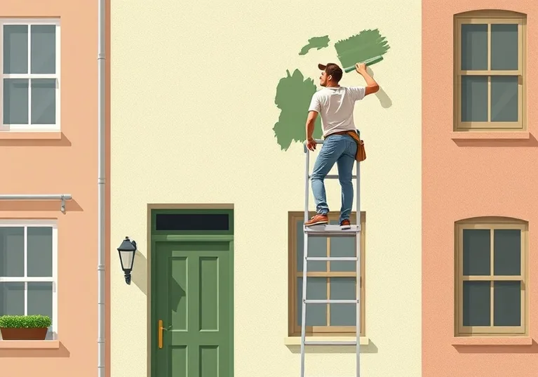Peintre sur échafaudage traitant la façade d'une maison